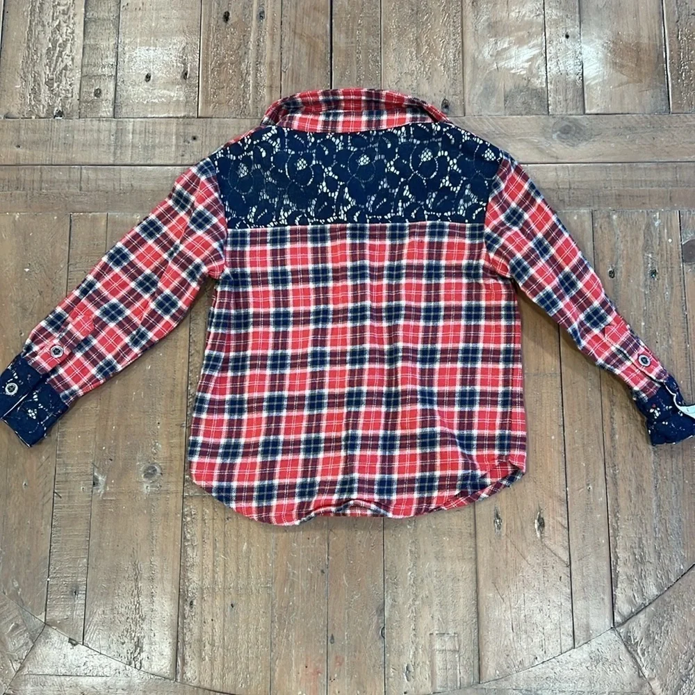 Persnickety plaid lace trim button down shirt